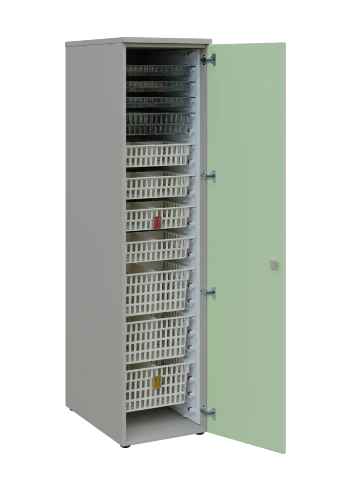 EUROMEDICA D - 46 skříň léková boxová, 1-dveřová, pravá, 1950x460x735, korpus šedý, dvířka šedo-zelinkavá
